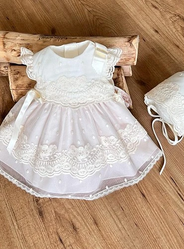 Vestido de ceremonia para bebé con braga y capota de tul