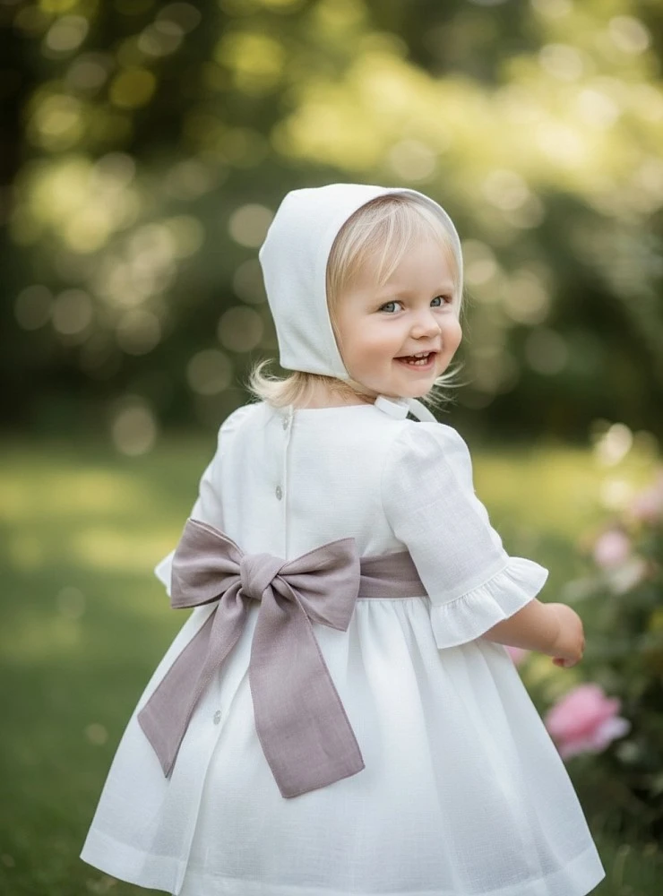 Vestido de ceremonia para niña con capota de lino | Colección Aura