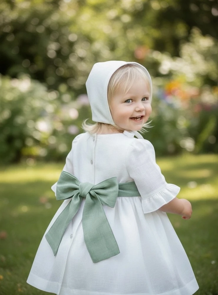 Vestido de ceremonia para niña con capota de lino | Colección Aura