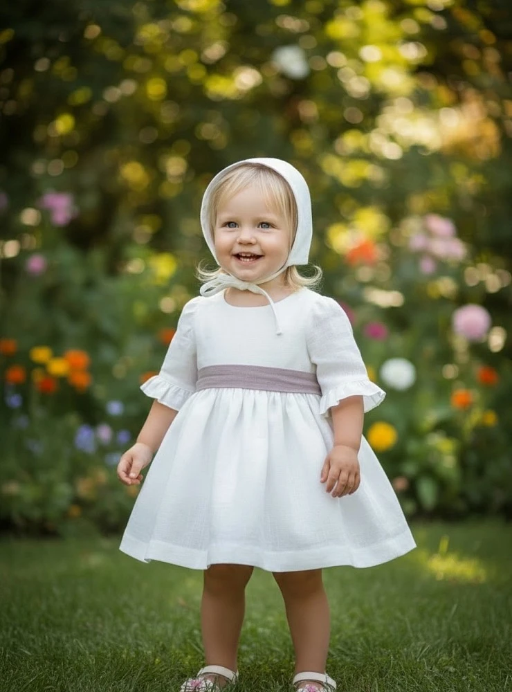 Vestido de ceremonia para niña con capota de lino | Colección Aura