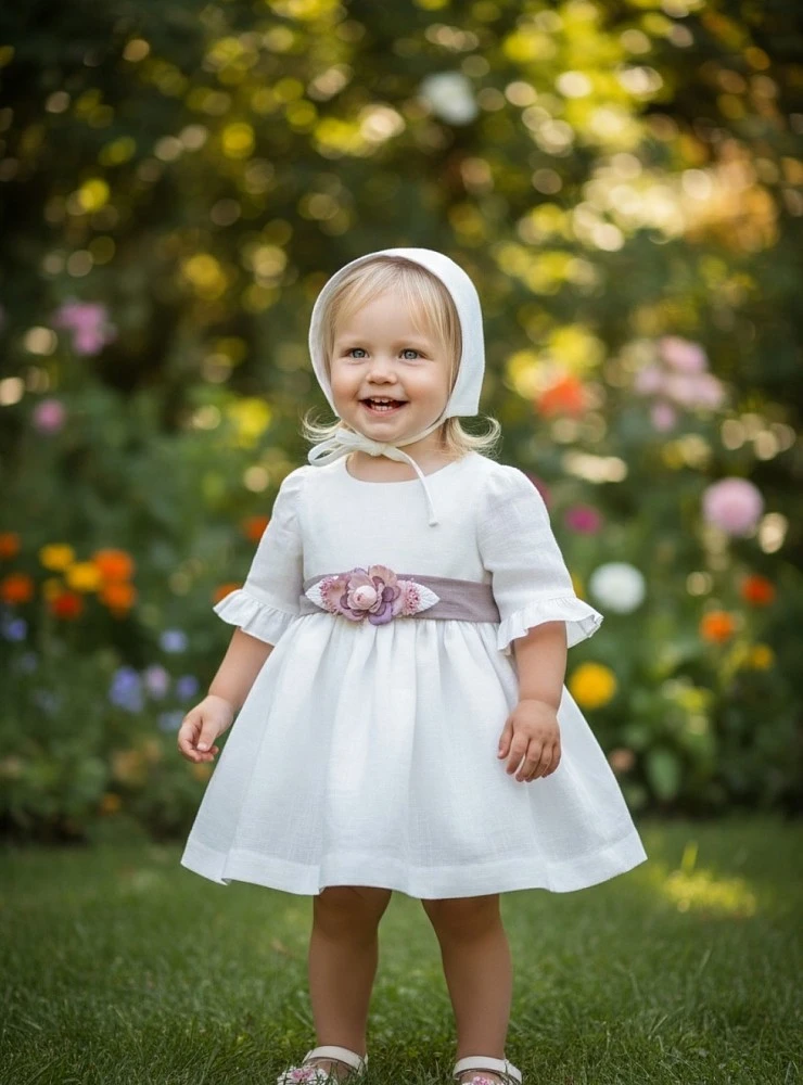 Vestido de ceremonia para niña con capota de lino | Colección Aura