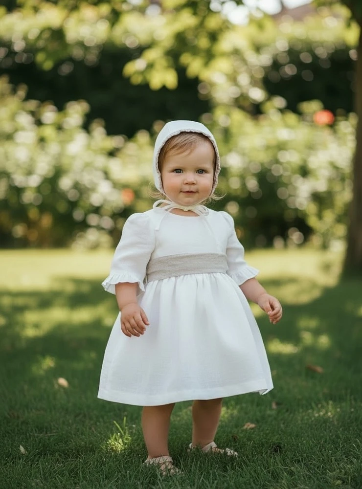 Vestido de ceremonia para niña con capota de lino | Colección Aura