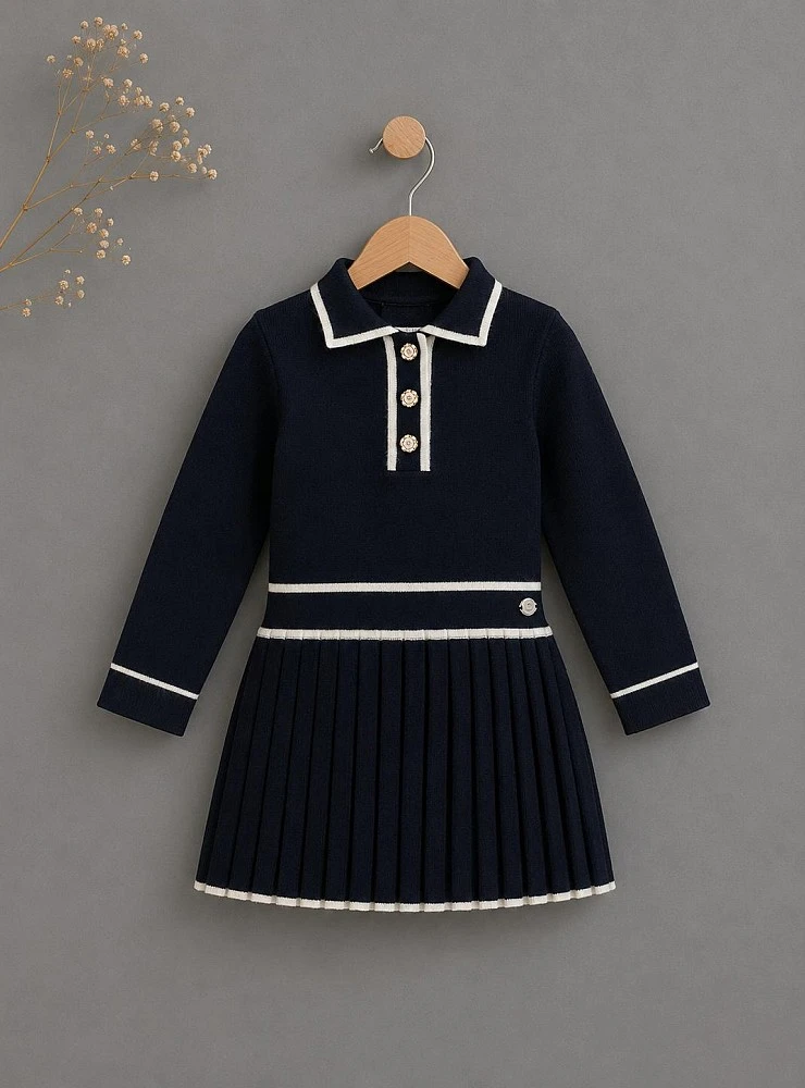 Vestido de punto fino niña azul marino con falda plisada