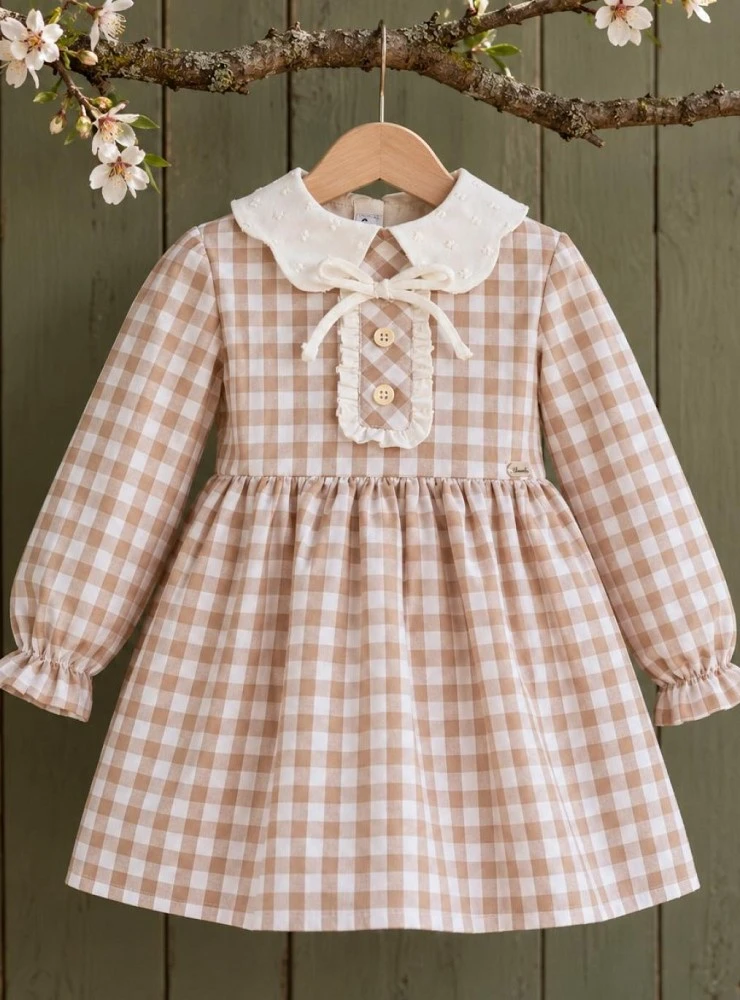 Vestido Niña Cuadros Vichy Camel y Plumeti | Toffe