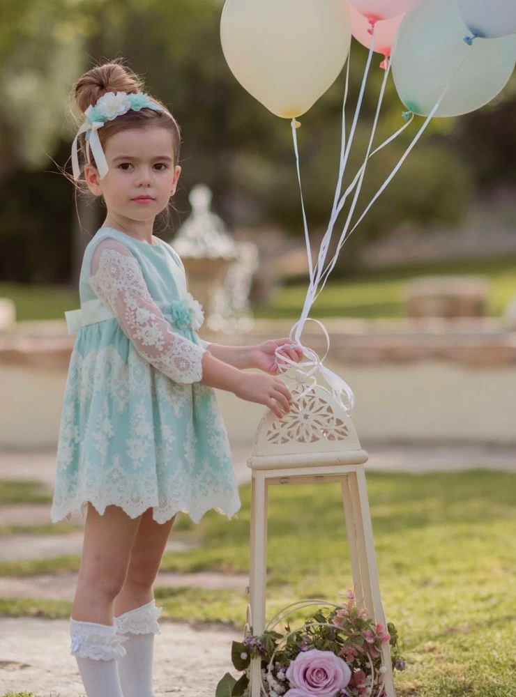 Vestido para arras o ceremonia Tul beige con verde menta