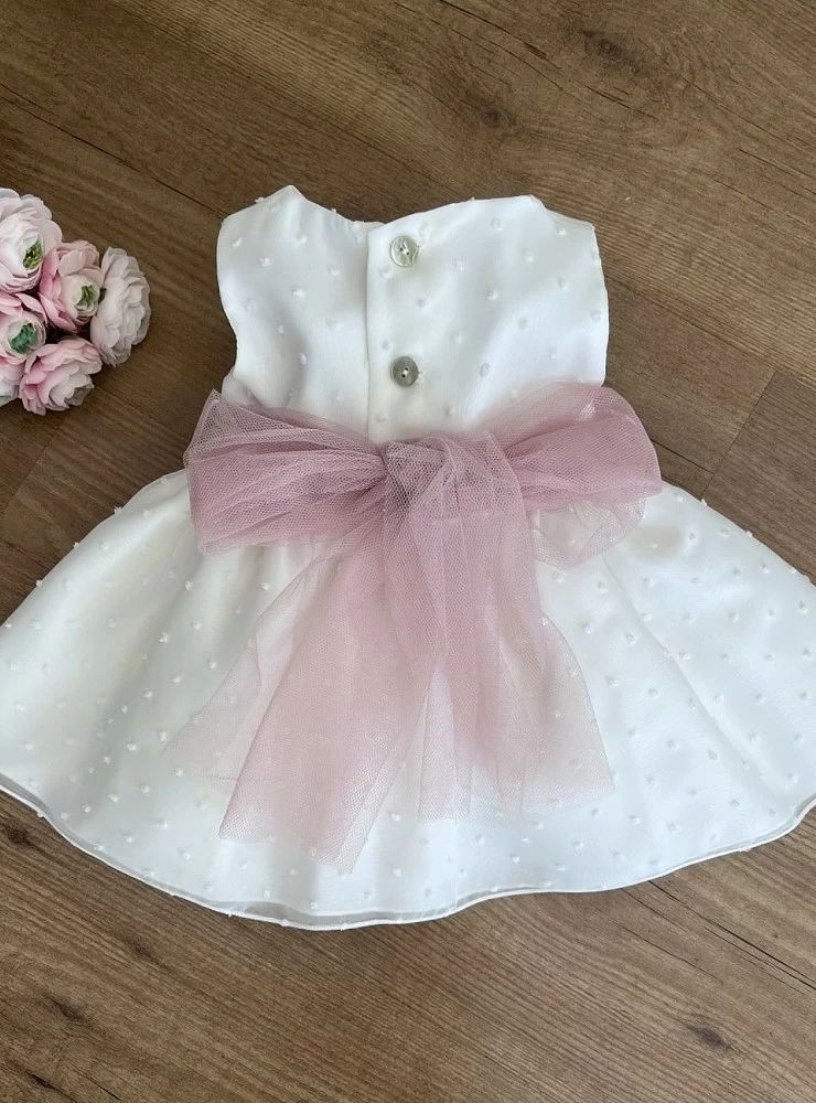 Vestido para bautizo o arras plumeti beige con rosa o verde