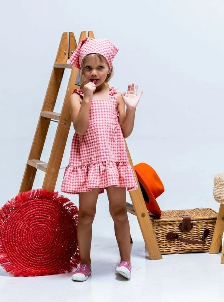 Vestido vichy en tonos naranja y fucsia. Cocote