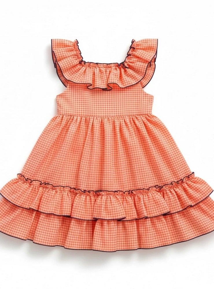 Vestido vichy naranja con ribete morado