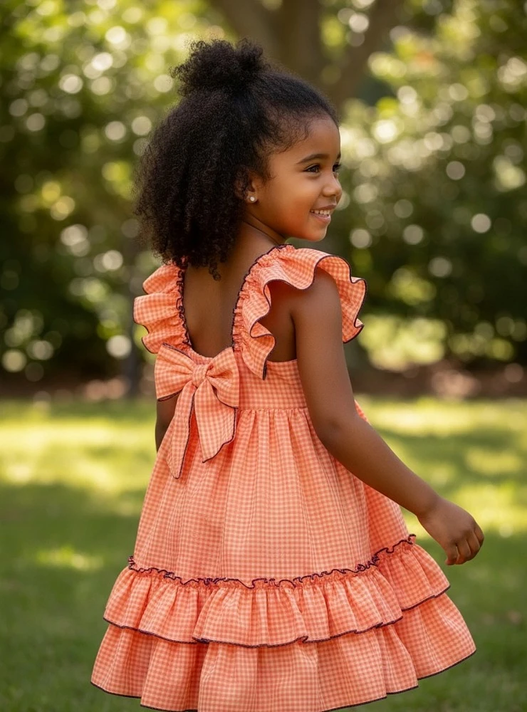 Vestido vichy naranja con ribete morado