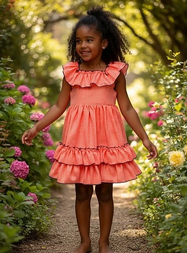 Vestido vichy naranja con ribete morado