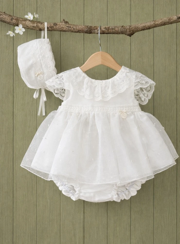 Victoria collection baby outfit with bonnet and bloomers. Limited Edition