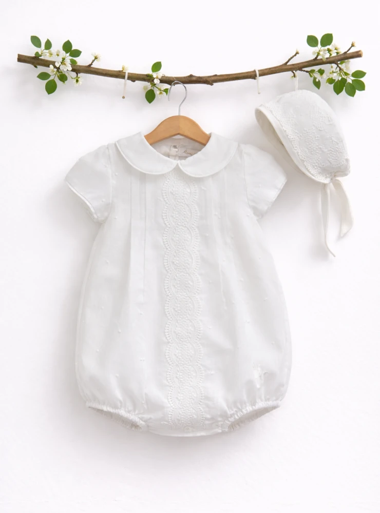 Victoria Collection baby romper and bonnet set. Limited Edition