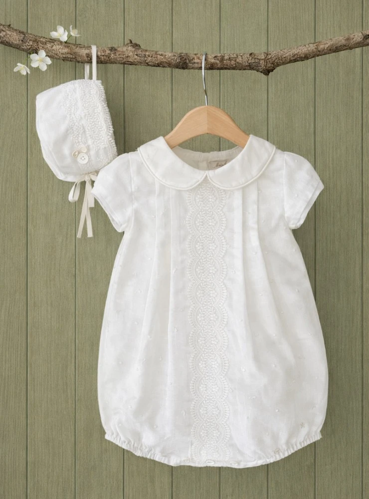 Victoria Collection baby romper and bonnet set. Limited Edition
