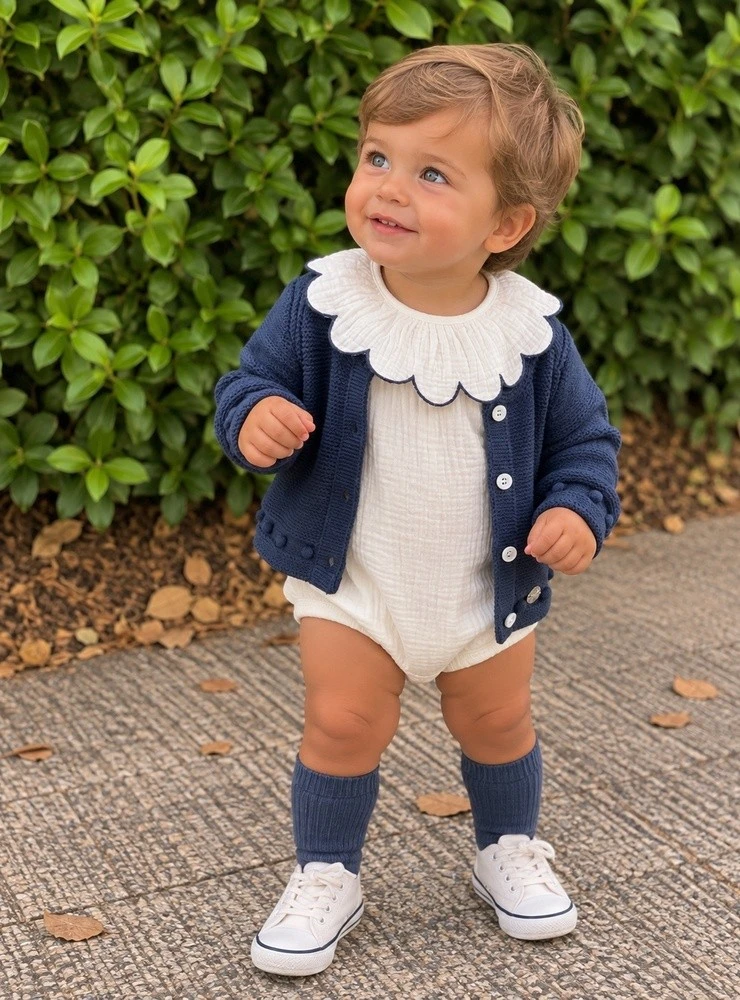 White and navy blue baby outfit with a knit jacket