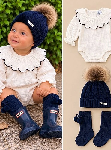 White and navy blue baby outfit with a little hat and leggings.