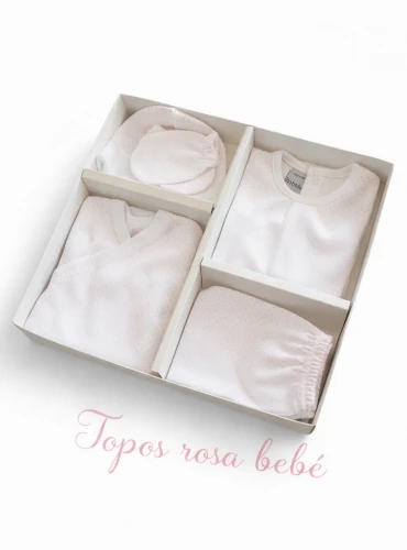 White birth pack with blue or pink polka dots