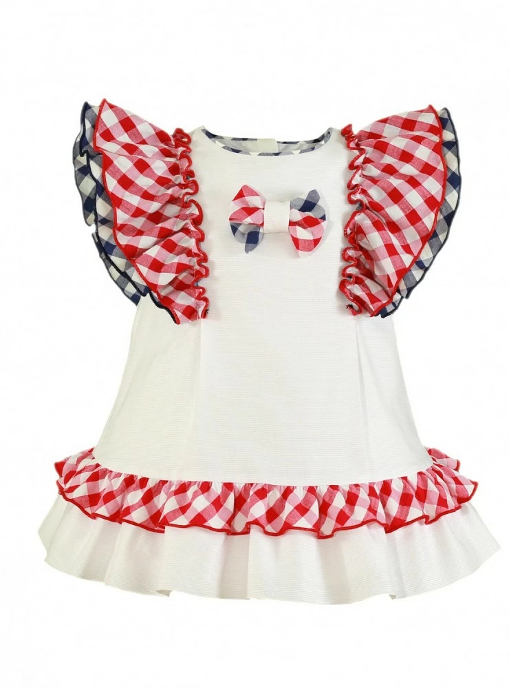 White evasé dress with red and navy Vichy