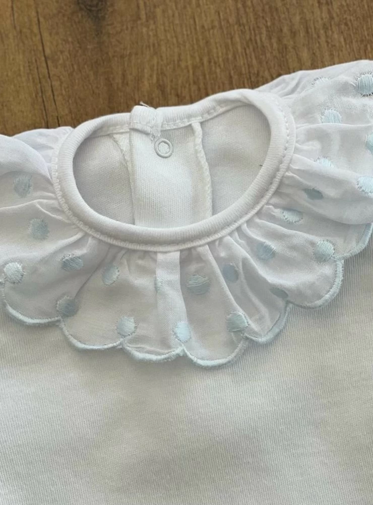 White outer body with pink or blue embroidery.