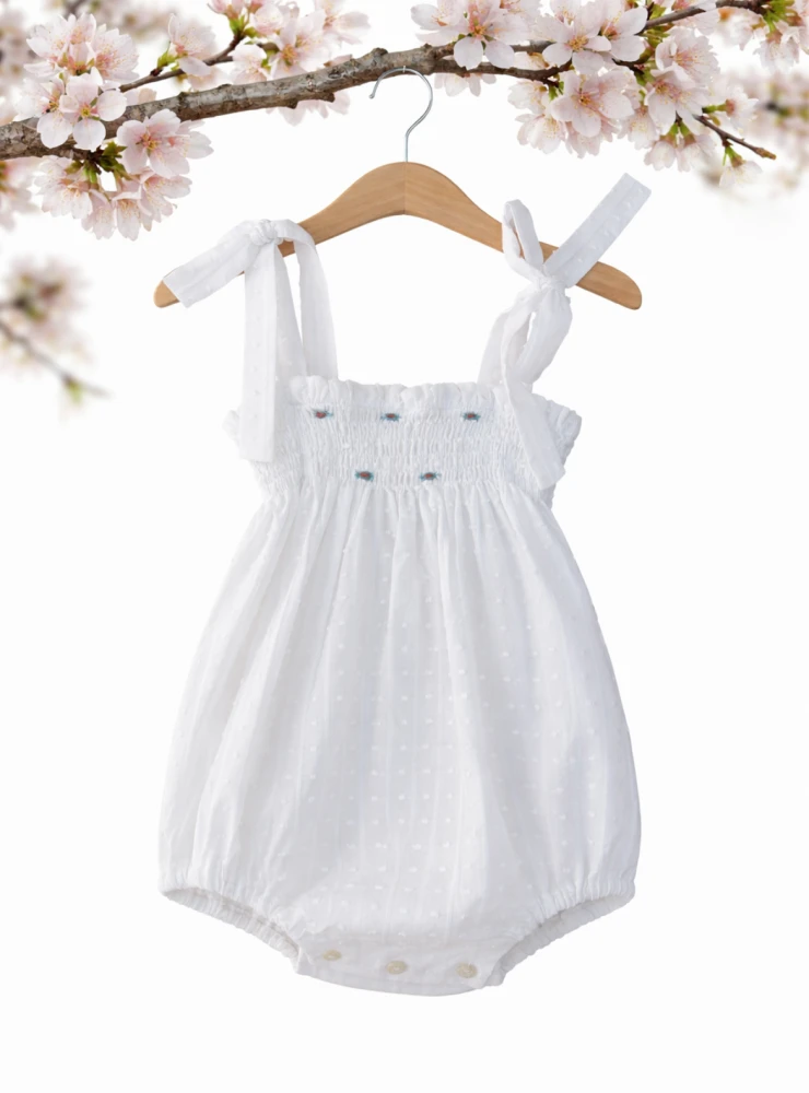 White polka dot romper with rococo flower