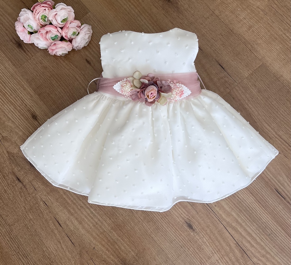 Vestido para bautizo o arras plumeti beige con rosa o verde |  